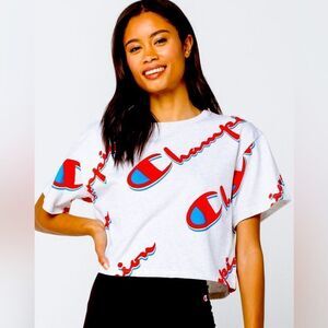 CHAMPION Print Womens Crop Tee Heritage Reverse Weave Heather Gray NWT